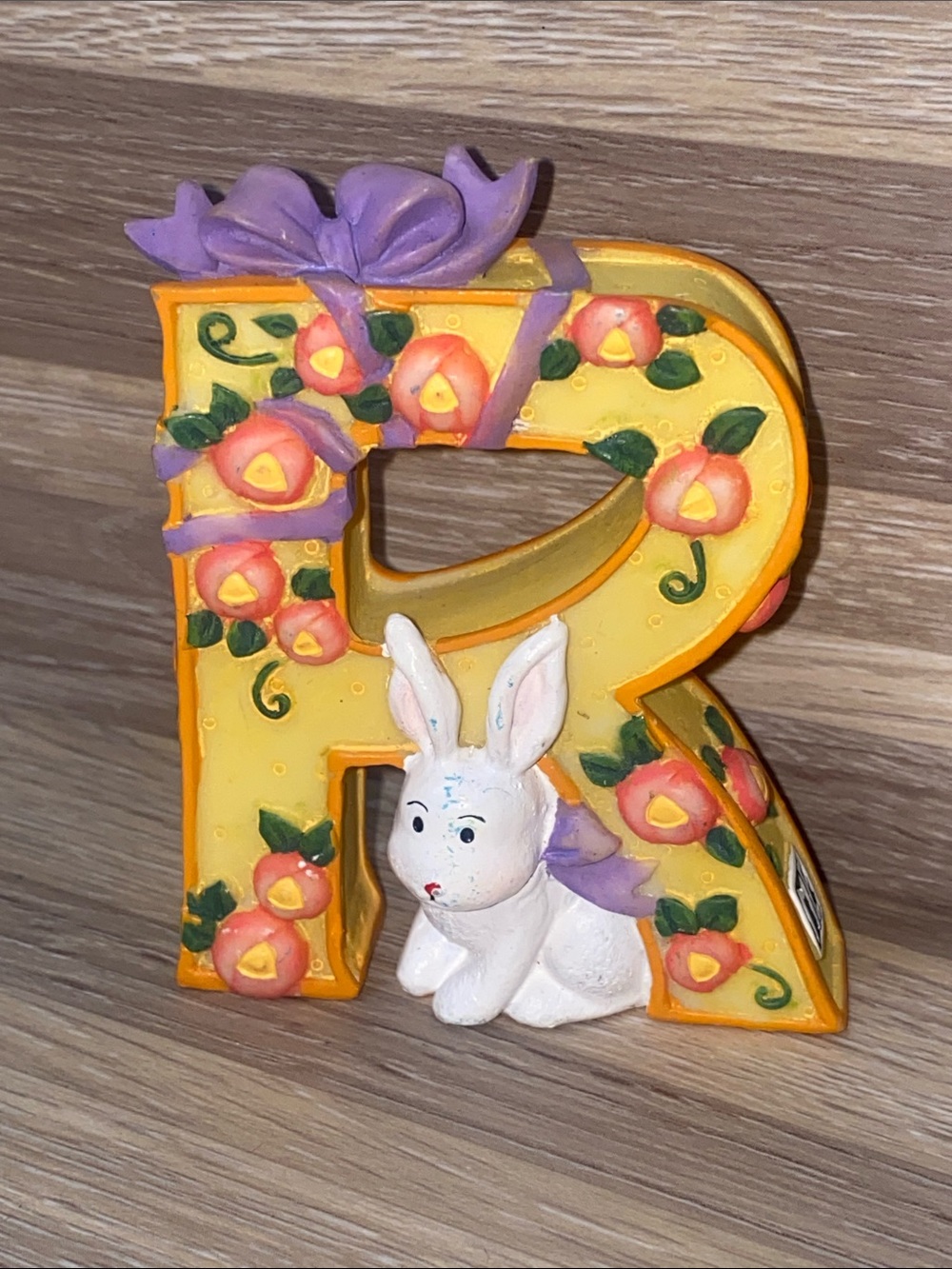 Decorative Yellow Floral Letter R with White Bunny Accent